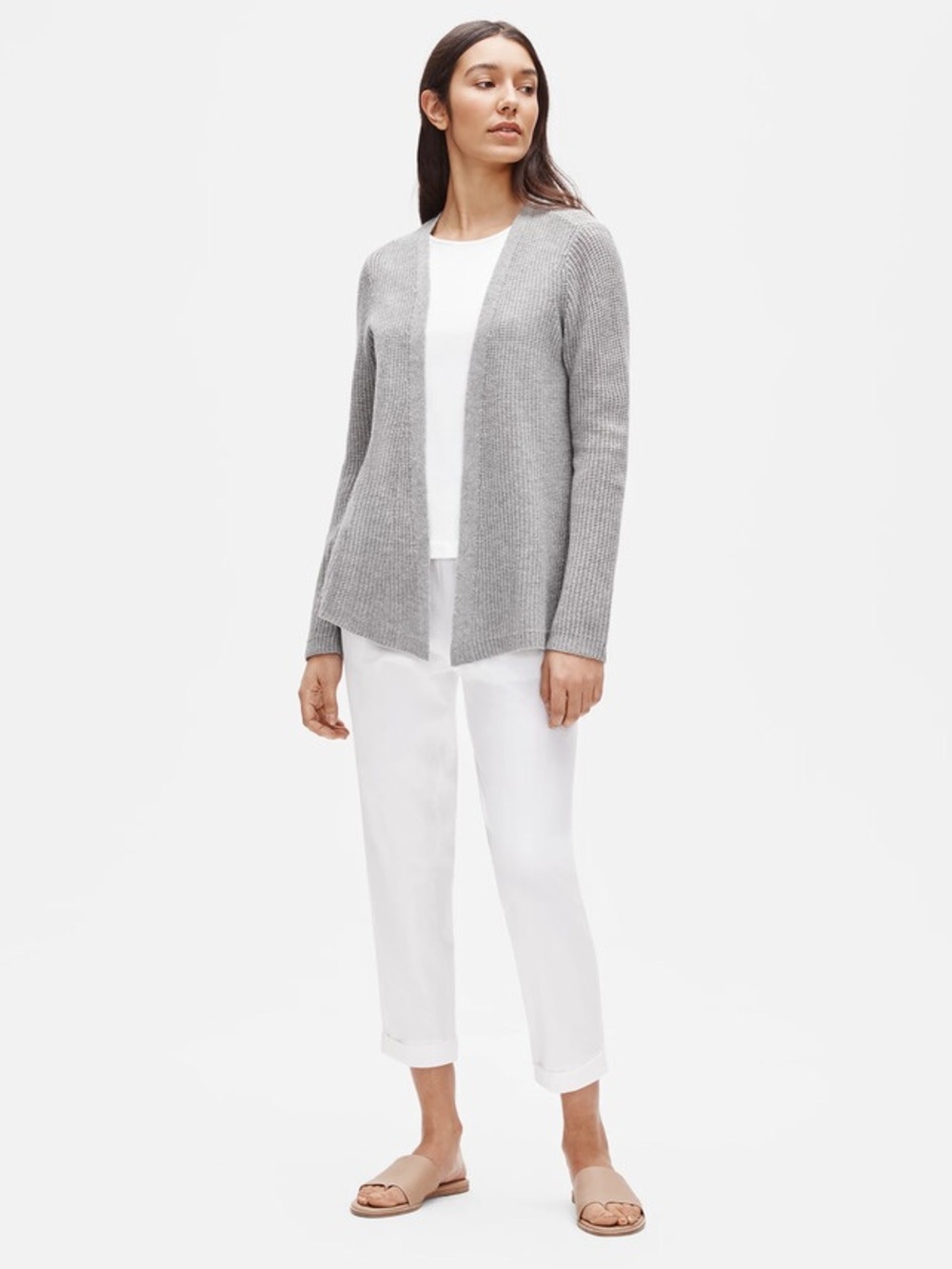 Eileen Fisher 100% Linen Long Open Cardigan Duster Gray Large